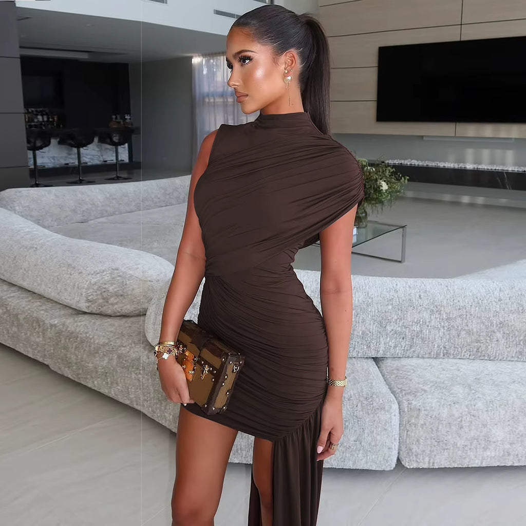 Irregular Draped Ruched Sexy Mini Dress for Women Turtleneck Sleeveless Pleated Slim Party Dress Female Holiday Beach Dresses