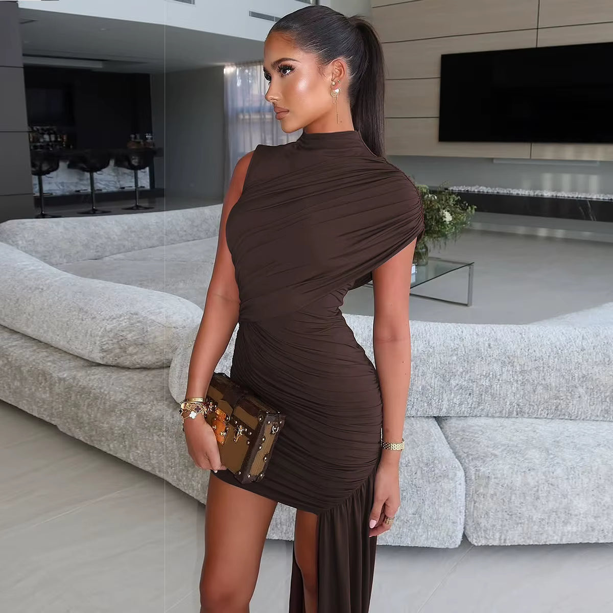 Irregular Draped Ruched Sexy Mini Dress for Women Turtleneck Sleeveless Pleated Slim Party Dress Female Holiday Beach Dresses