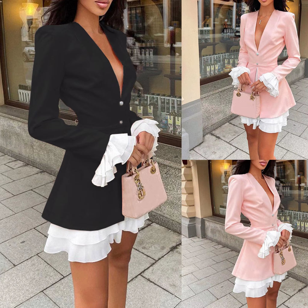 Women A-Line Dresses Retro V Neck Ruffle Hem Stitching Two Pink Long Sleeve Dresses Elegant Blazer Ladies Formal Short Vestidos