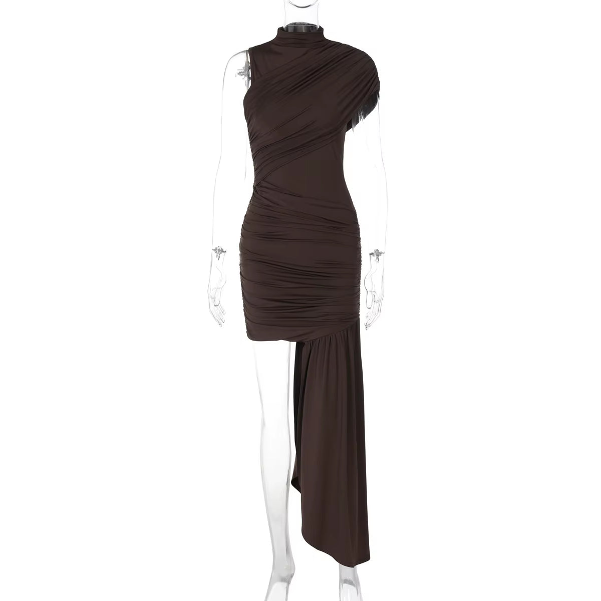 Irregular Draped Ruched Sexy Mini Dress for Women Turtleneck Sleeveless Pleated Slim Party Dress Female Holiday Beach Dresses