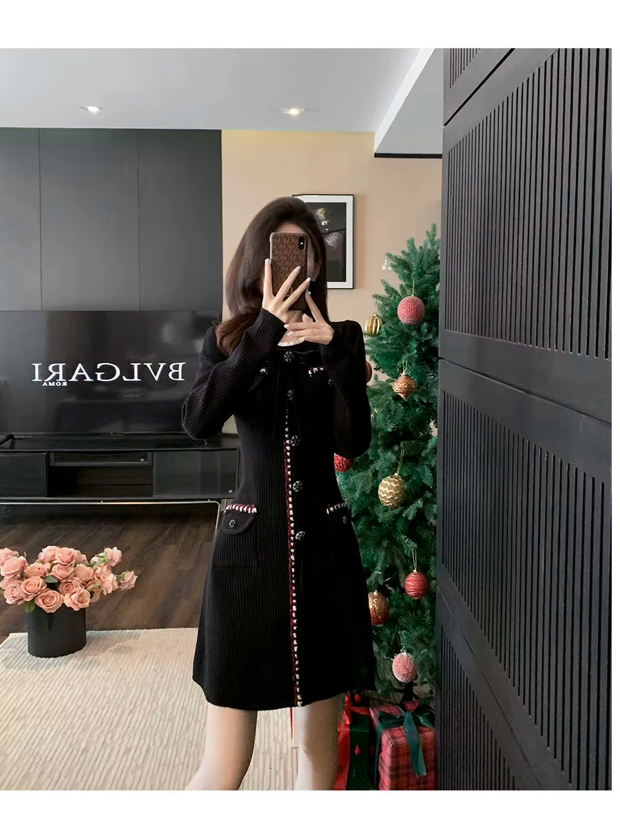French Style Small Fragrance High-End Temperament Bow New Long Sleeved Knitted Slim Fit Dress A-Line Skirt