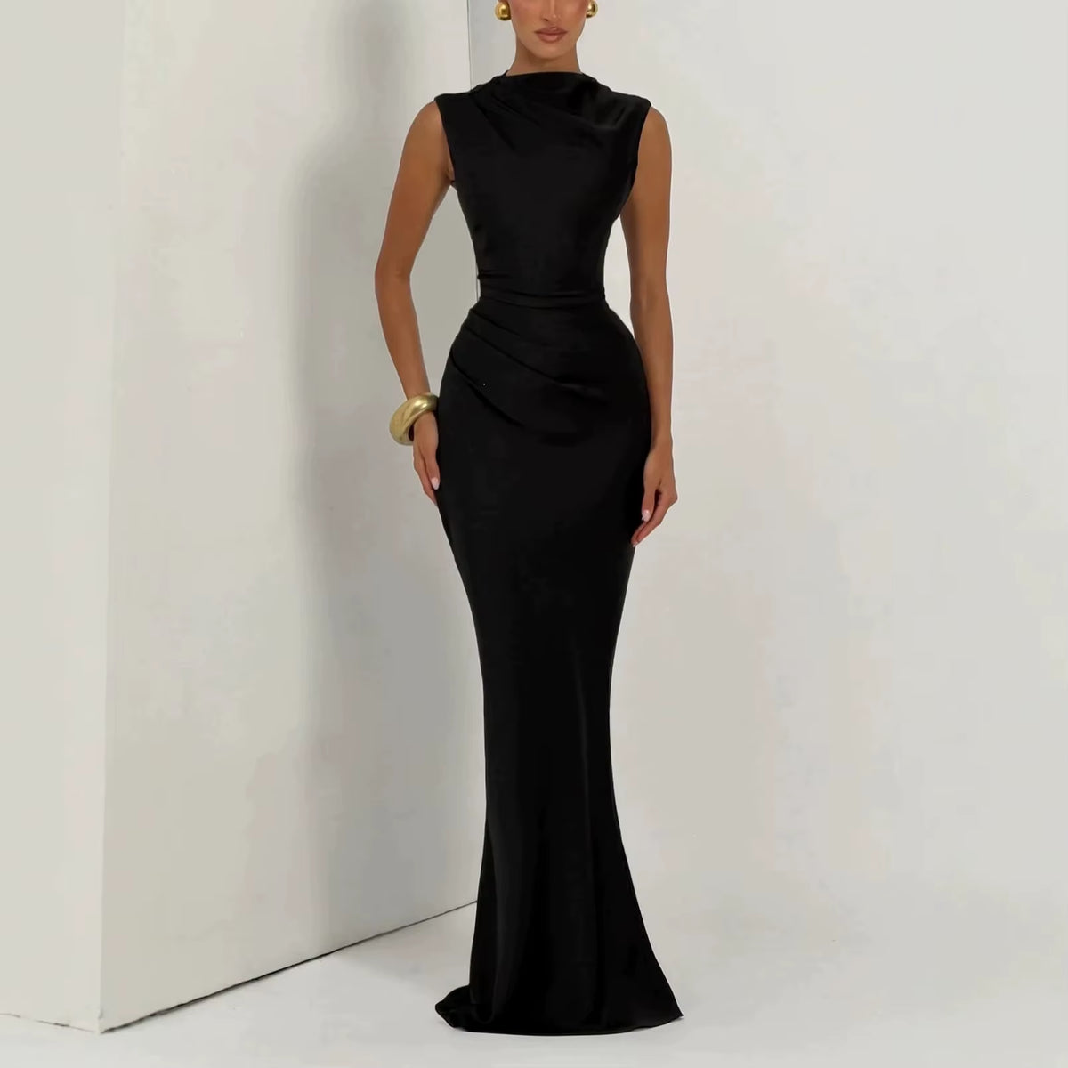 Women Retro Fashion Satin Mermaid Maxi Dress 2026 Autumn Solid Draped Sleeveless Backless Waist Cinch Bodycon Party Long Dress