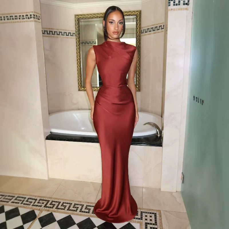 Women Retro Fashion Satin Mermaid Maxi Dress 2026 Autumn Solid Draped Sleeveless Backless Waist Cinch Bodycon Party Long Dress
