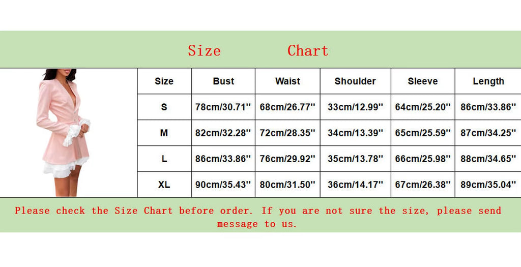Women A-Line Dresses Retro V Neck Ruffle Hem Stitching Two Pink Long Sleeve Dresses Elegant Blazer Ladies Formal Short Vestidos