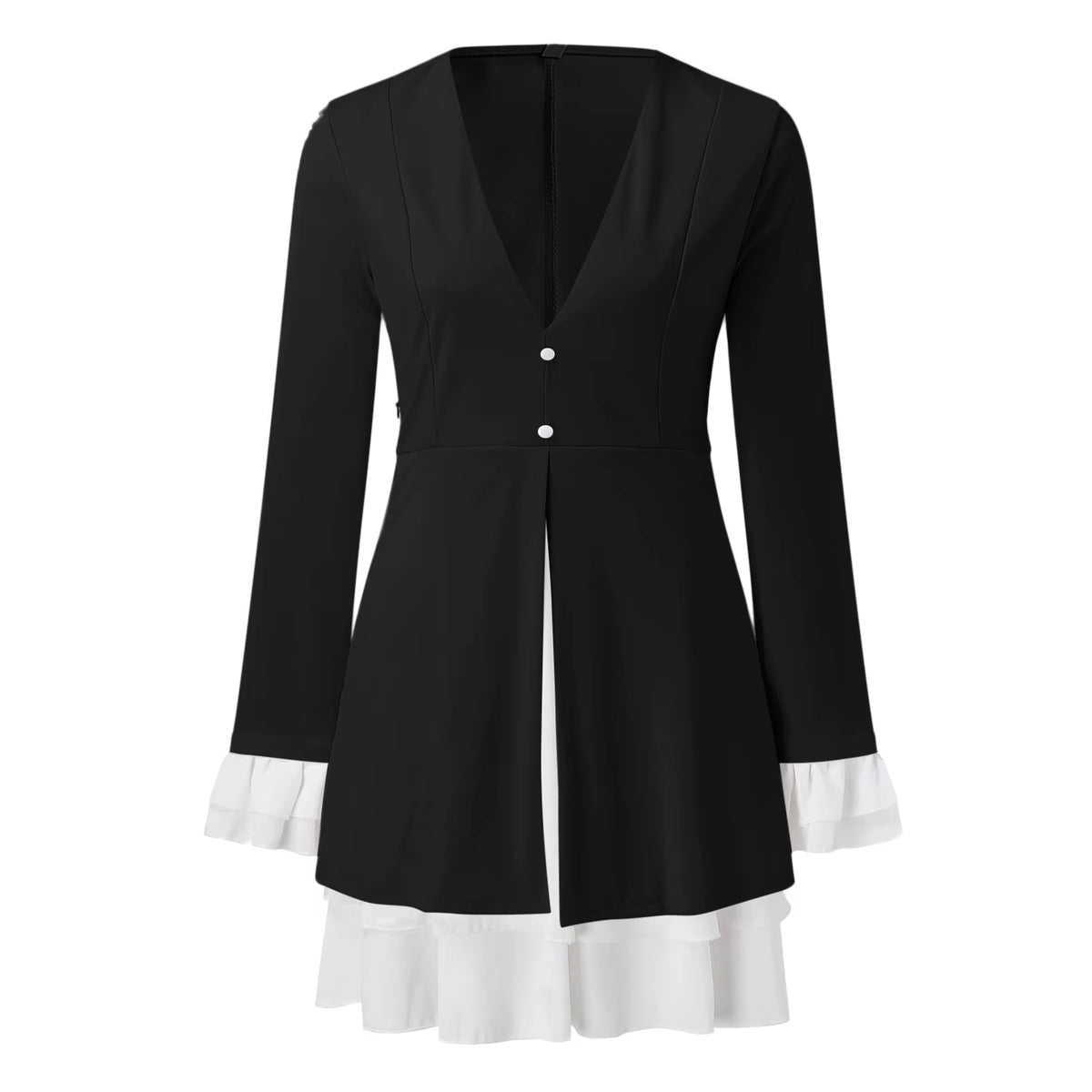 Women A-Line Dresses Retro V Neck Ruffle Hem Stitching Two Pink Long Sleeve Dresses Elegant Blazer Ladies Formal Short Vestidos