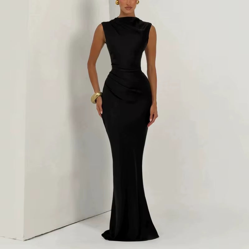 Women Retro Fashion Satin Mermaid Maxi Dress 2026 Autumn Solid Draped Sleeveless Backless Waist Cinch Bodycon Party Long Dress