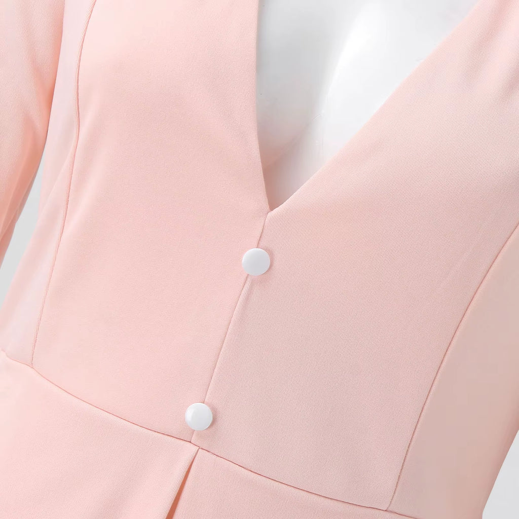 Women A-Line Dresses Retro V Neck Ruffle Hem Stitching Two Pink Long Sleeve Dresses Elegant Blazer Ladies Formal Short Vestidos