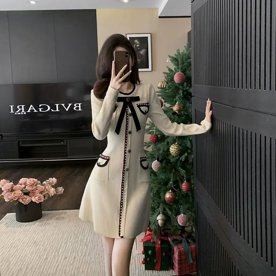 French Style Small Fragrance High-End Temperament Bow New Long Sleeved Knitted Slim Fit Dress A-Line Skirt