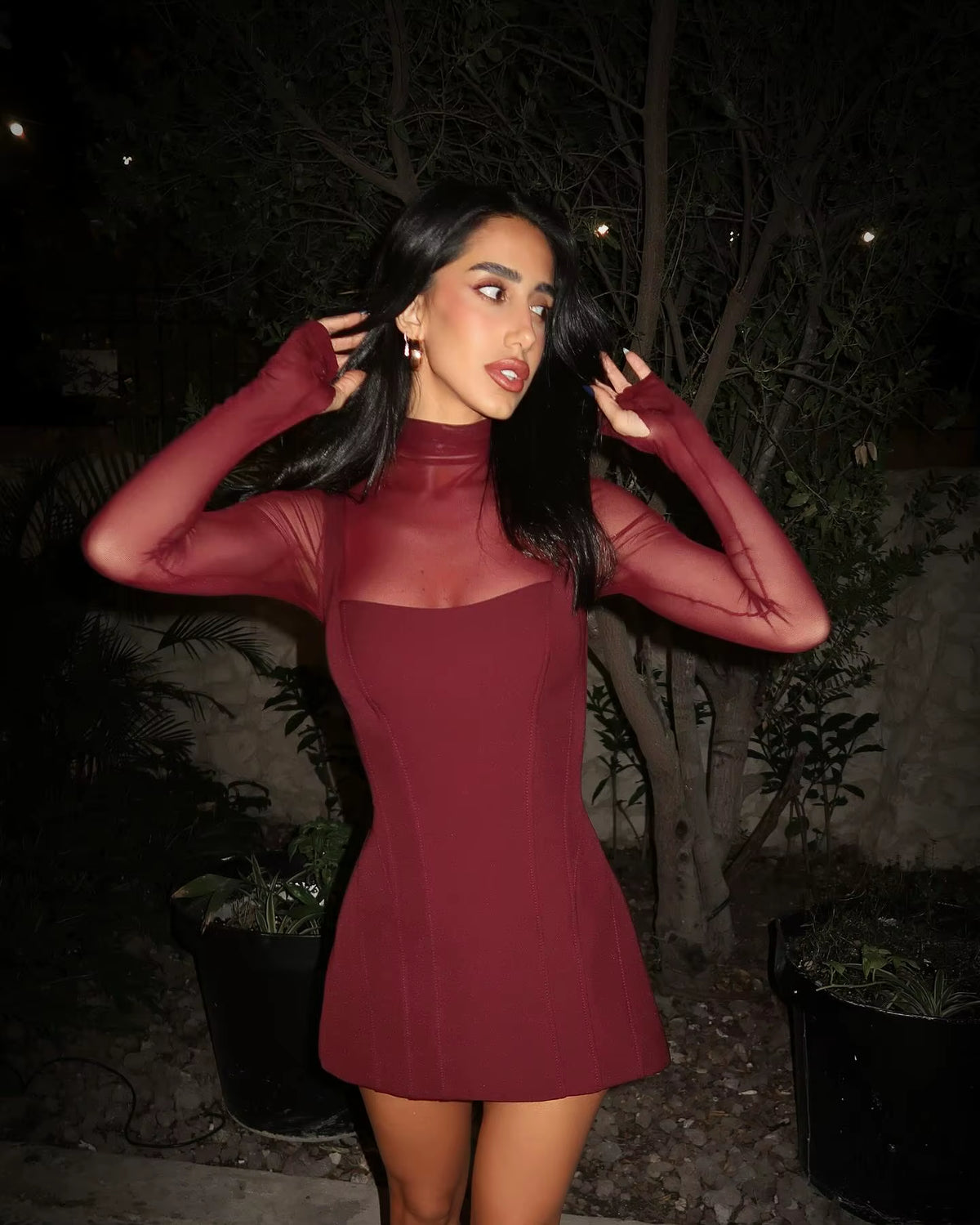 Sexy Women'S Burgundy Mini Dress Luxury Turtleneck Transparent Long Sleeve A-Line Short Dresses Evening Party Prom Cocktai New