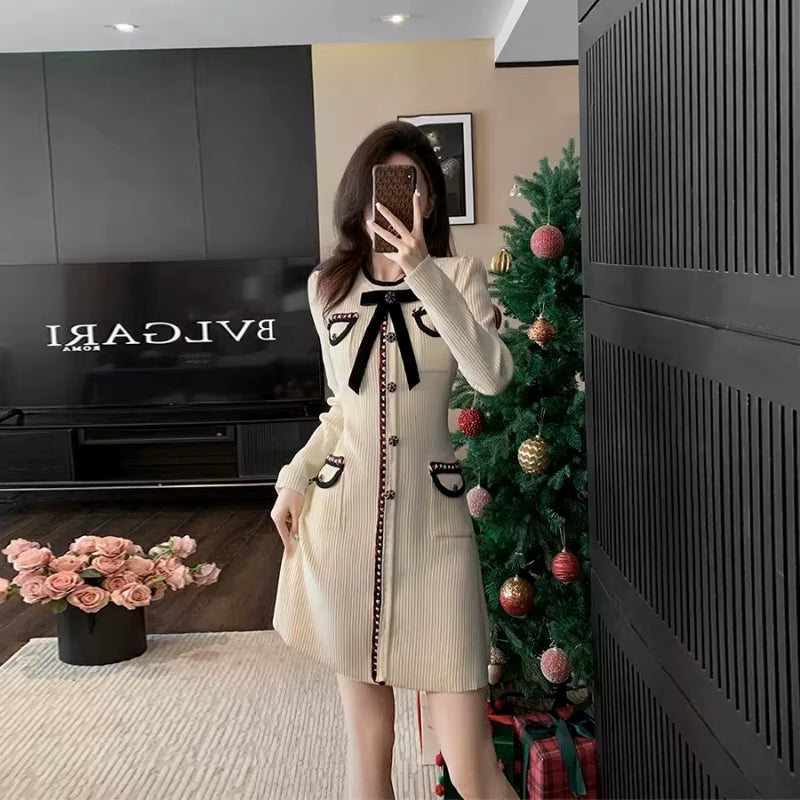 French Style Small Fragrance High-End Temperament Bow New Long Sleeved Knitted Slim Fit Dress A-Line Skirt
