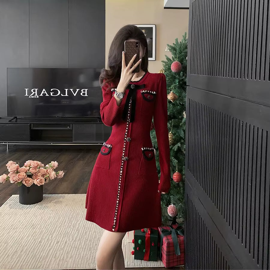 French Style Small Fragrance High-End Temperament Bow New Long Sleeved Knitted Slim Fit Dress A-Line Skirt