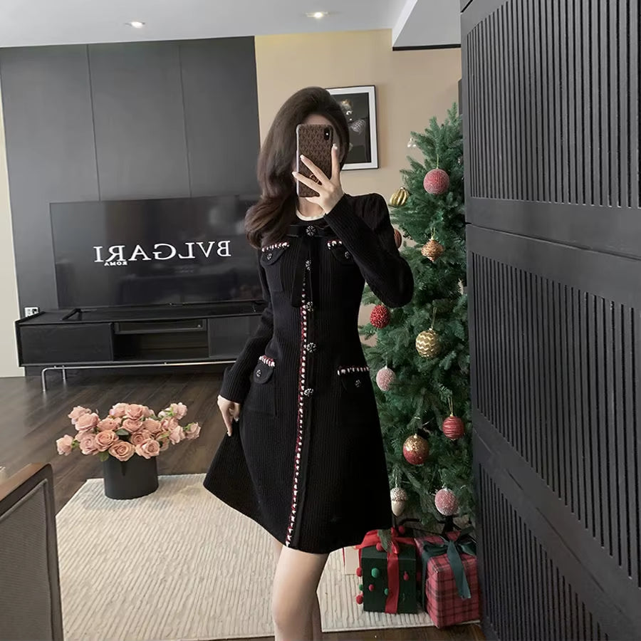 French Style Small Fragrance High-End Temperament Bow New Long Sleeved Knitted Slim Fit Dress A-Line Skirt